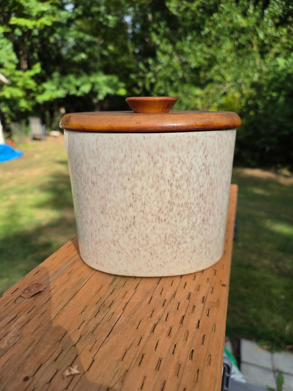 MCM Vintage Speckled Stoneware Ceramic Canister Cookie Jar Teak Wood Lid